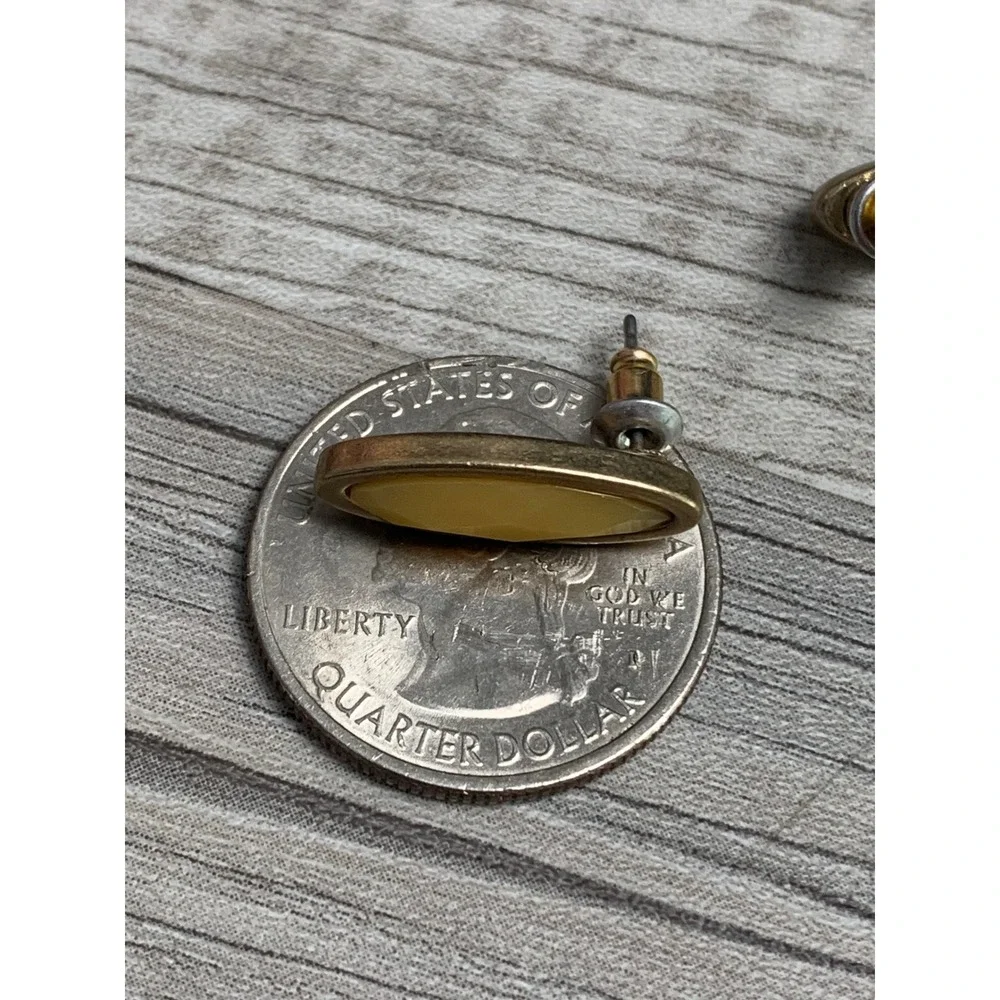 Vintage Gold Tone Marquise Stud Earrings Mustard Yellow Cabochon Minimalist Boho